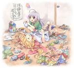  2girls ahoge barefoot blonde_hair blush brown_eyes closed_eyes clothes clothes_writing dirty ech futaba_anzu handheld_game_console hoshi_shouko idolmaster idolmaster_cinderella_girls long_hair lying messy messy_room multiple_girls mushroom on_back open_mouth panties playstation_portable shirt silver_hair sleeping smile sparkle striped stuffed_animal stuffed_bunny stuffed_toy t-shirt translation_request trash twintails underwear very_long_hair you_work_you_lose 
