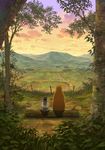  amayadori_machi artist_request barbed_wire bear black_hair cloud fence field from_behind grass headband highres japanese_clothes kumai_natsu kumamiko log long_hair mountain nature outdoors plant scenery side-by-side sitting sky source_request sunset tree 