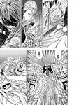  animal_ears battle comic eye_gouge flying fox_ears fox_tail greyscale horns monochrome multiple_girls multiple_tails no_hat no_headwear oni remilia_scarlet sharp_teeth tail talisman teeth touhou translated wings yakumo_ran yokochou 