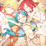  2boys aladdin_(magi) ali_baba_saluja blonde_hair blue_hair braid closed_eyes flute from_above happy instrument jewelry kottie long_hair lying magi_the_labyrinth_of_magic midriff morgiana multiple_boys necklace one_side_up red_hair short_hair smile turban 