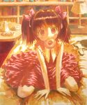  bad_id bad_pixiv_id brown_hair doughnut dress food graphite_(medium) lamp looking_at_viewer mouth_hold oil_painting_(medium) on_bed original pink_dress pink_eyes sitting sitting_on_bed suikaman_(kanikurimupasuta) sunlight table traditional_media twintails wariza 