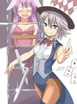  alternate_costume animal_ears blue_eyes blue_leotard bound braid bunny_ears bunnysuit card hat izayoi_sakuya knife leotard long_hair magician multiple_girls o_o pantyhose pink_leotard playboy_bunny_leotard playing_card purple_hair reisen_udongein_inaba short_hair silver_hair sleeveless taishi_(moriverine) tears tied_up top_hat touhou twin_braids vest 