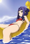  :&lt; bad_id bad_pixiv_id banana_boat bare_shoulders bikini blue_hair brown_eyes day facial_mark flat_chest foreshortening lying maeda_inuchiyo ocean oda_nobuna_no_yabou on_back red_bikini short_hair sky solo string_bikini swimsuit waochi. 