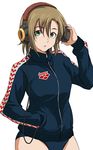  71 arena_(company) brand_name_imitation brown_hair green_eyes hand_in_pocket headphones idolmaster idolmaster_cinderella_girls jacket product_placement pun short_hair simple_background solo tada_riina track_jacket 