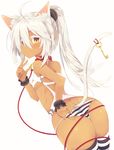  ahoge animal_ears ass blush butt_crack choker collar dark_skin eyelashes flat_chest from_behind highres key long_hair nibiiro_shizuka original panties pointy_ears ponytail scrunchie simple_background solo striped striped_legwear striped_panties tail tan thighhighs underwear white_background white_hair white_tail wrist_scrunchie 