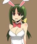  blush breasts brown_eyes bunny_girl bunnysuit cleavage eichikei green_hair hair_ornament hairclip large_breasts ribbon saki saki_achiga-hen shirouzu_mairu solo twintails 