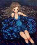  bad_id bad_pixiv_id bare_shoulders blue_dress brown_eyes dress long_hair oil_painting_(medium) original petals rose_petals sitting solo suikaman_(kanikurimupasuta) very_long_hair water wet wet_clothes 