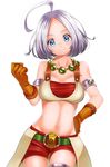 absurdres ahoge armlet bad_id bad_pixiv_id belt blue_eyes brown_gloves clenched_hand cowboy_shot crop_top dragon_quest dragon_quest_x gloves hand_on_hip highres jewelry midriff navel necklace red_shorts riin_(dq10) short_hair shorts silver_hair smile solo standing white_background yupiteru 