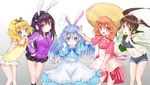  :d alternate_hairstyle animal_ears black_hair blonde_hair blue_eyes blue_hair blush breasts brown_hair bunches bunny_ears fake_animal_ears flower gochuumon_wa_usagi_desu_ka? gradient gradient_background green_eyes hair_flower hair_ornament hand_on_hip hat headphones hood hoodie hoto_cocoa jacket kafuu_chino kirima_sharo leaning_forward long_hair looking_at_viewer medium_breasts midriff miniskirt multiple_girls navel one-piece_swimsuit open_mouth orange_hair purple_eyes short_hair short_shorts shorts skirt smile straw_hat swimsuit tedeza_rize track_jacket twintails ujimatsu_chiya wrist_cuffs yellow_swimsuit yuu-kun_(linke_hand) 