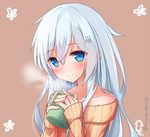  2hands1cup bare_shoulders blue_eyes blue_hair blush brown_background cup hair_ornament hairclip hibiki_(kantai_collection) kantai_collection long_hair looking_at_viewer mug orange_shirt shirt smile solo surume_aburi sweater twitter_username 