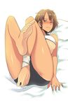  ankle_wrap bandages barefoot blush breasts brown_eyes brown_hair feet foreshortening large_breasts legs lying md5_mismatch on_back original purplevortex short_hair soles solo toes underboob 