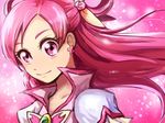  brooch cure_dream earrings hair_rings jewelry light_particles long_hair magical_girl nyaasora pink_background pink_eyes pink_hair precure smile solo upper_body yes!_precure_5 yes!_precure_5_gogo! yumehara_nozomi 