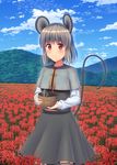  animal_ears bad_id bad_pixiv_id basket capelet flower grey_hair highres mikomiko_(mikomikosu) mouse mouse_ears mouse_tail nazrin red_eyes solo spider_lily tail touhou 