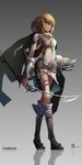  absurdres archery arrow belt blonde_hair boots bow_(weapon) breastplate breasts cape cleavage dagger dated diandianzai elf gradient gradient_background green_eyes grey_background highres knee_boots medium_breasts navel original pointy_ears quiver reflection shoulder_pads simple_background solo standing weapon 