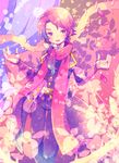  alternate_hair_color curtains flower kashuu_kiyomitsu komusun male_focus mole mole_under_mouth open_mouth petals ponytail red_eyes red_hair rose scarf smile solo thorns touken_ranbu 