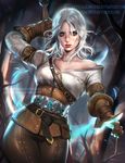  banned_artist ciri green_eyes lips long_hair magic off_shoulder sakimichan silver_hair solo sword the_witcher the_witcher_3 watermark weapon white_hair 
