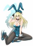  adapted_costume animal_ears ascot atago_(kantai_collection) beret blonde_hair bunny_ears bunnysuit gloves green_eyes hat highres kantai_collection kashiru long_hair pantyhose sitting solo wrist_cuffs 