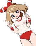  :d blush brown_hair buruma chorimokki gym_uniform hair_ribbon haruka_(pokemon) open_mouth pokemon pokemon_(game) pokemon_oras purple_eyes ribbon shirt short_sleeves sidelocks smile solo white_background white_shirt wristband 