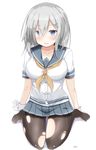  black_legwear blouse blue_eyes breasts gloves hair_ornament hair_over_one_eye hairclip hamakaze_(kantai_collection) highres kantai_collection large_breasts open_mouth pantyhose pinoaisu pleated_skirt school_uniform serafuku short_hair short_sleeves silver_hair skirt solo torn_clothes torn_legwear white_gloves 