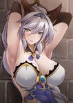  animal_ears armpits arms_behind_head arms_up bdsm blush bondage bound bound_arms braid breasts brooch cat_ears cleavage elbow_gloves erune gloves granblue_fantasy green_eyes hair_tubes hairband heles highres jewelry large_breasts long_hair looking_at_viewer naturalton open_mouth silver_hair single_braid solo sweat tiara toned tsurime yellow_eyes 