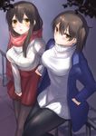  akagi_(kantai_collection) alternate_costume black_legwear brown_eyes brown_hair dress fukuroumori jacket kaga_(kantai_collection) kantai_collection long_hair multiple_girls open_clothes open_jacket pantyhose ribbed_sweater scarf side_ponytail smile sweater sweater_dress turtleneck 