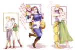  1girl anger_vein armband blonde_hair boots bra breasts brown_footwear brown_hair chocolate covered_nipples dio_brando fingerless_gloves genderswap genderswap_(mtf) gloves green_eyes green_lipstick heart high_heels hug hug_from_behind jojo_no_kimyou_na_bouken jonathan_joestar knee_pads large_breasts lipstick makeup midriff necktie no_bra pointy_shoes red_eyes shadow shoes short_hair signature socks sword tatsumi translation_request underwear vest weapon wrist_cuffs wristband yellow_eyes younger 