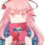  bad_id bad_pixiv_id blank_stare bow colored_eyelashes confession expressionless hata_no_kokoro heart long_hair looking_at_viewer mask mask_on_head pink_eyes pink_hair plaid plaid_shirt rainx0z shirt solo touhou 