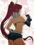  absurdres alina_pegova ass belt bikini_top breasts fingerless_gloves from_behind gloves highres long_hair medium_breasts ponytail red_hair scarf short_shorts shorts sideboob smile solo studded_belt tengen_toppa_gurren_lagann v very_long_hair yoko_littner 