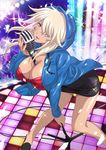  artist_request between_breasts black_skirt blonde_hair breasts brown_eyes cleavage hair_over_one_eye highres hood huge_breasts ikkitousen ikkitousen_extravaganza_epoch jpeg_artifacts microphone microphone_stand musashibou_benkei_(ikkitousen) official_art skirt solo vintage_microphone 