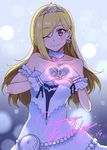  ;) blonde_hair bracelet clock dress earrings fujimoto_rina gloves heart heart_hands idolmaster idolmaster_cinderella_girls idolmaster_cinderella_girls_starlight_stage jewelry long_hair looking_at_viewer mizuryuu_kei one_eye_closed purple_eyes smile solo starry_sky_bright tiara 