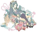  animal asymmetrical_legwear bandages black_eyes black_hair geta hair_ornament japanese_clothes jiraiya_gouketsu_monogatari jitte kanzashi kimono osanai_satoru oversized_animal ponytail scroll sidelocks slug smile solo thighhighs tsunade_(jiraiya_gouketsu_monogatari) weapon 