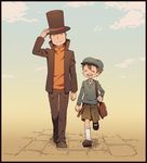  ^_^ bag black_border border brown_hair closed_eyes hat hershel_layton kneehighs luke_triton male_focus matsuki_(mikipingpong) multiple_boys open_mouth professor_layton shorts smile top_hat walking white_legwear 