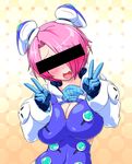  ahegao bar_censor blush breasts censored cleavage cleavage_cutout double_v facing_viewer hair_ornament identity_censor large_breasts open_mouth original phantasy_star phantasy_star_zero pink_hair pointless_censoring pointy_ears rei_(holyspirit) short_hair solo v zefirumu 