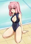  absurdres blush bon_(pixiv518591) breasts cleavage cleavage_cutout front_zipper_swimsuit highres hoshino_maki_osamu large_breasts long_hair looking_at_viewer meme_attire one-piece_swimsuit open_mouth pink_eyes pink_hair sitting smile solo starmine_(manga) swimsuit twintails unzipped wariza zipper 