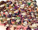  &gt;_&lt; :&lt; :d argyle bandaged_head bandages blade blonde_hair bowler_hat brown_hair chibi clenched_hand closed_eyes crossed_arms facial_scar fedora formal gradient gradient_background green_hair grin hat hat_removed headwear_removed jojo_no_kimyou_na_bouken multiple_boys multiple_persona necktie old_man older one_eye_closed open_mouth purple_hair ribbon robert_eo_speedwagon scar scar_on_cheek sledgehammer smile suit top_hat triangle_mouth umbrella v vest white_hair wrinkles xd yuu_knight3858 