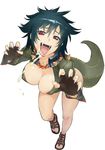  animal_costume bad_id bad_pixiv_id black_hair breasts cleavage collar deviljho drooling fangs fingerless_gloves fingernails from_above gloves heart heart-shaped_pupils large_breasts long_fingernails looking_at_viewer messy_hair monster_girl monster_hunter personification red_eyes saliva short_hair solo spiked_collar spikes symbol-shaped_pupils tongue tongue_out washi_no_tosaka white_background 