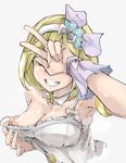  alternate_costume armband blonde_hair breasts cleavage covering_eyes djeeta_(granblue_fantasy) flashing granblue_fantasy grin medium_breasts nipples p_(tidoriashi) short_hair smile solo strap_slip superstar_(granblue_fantasy) upper_body v 