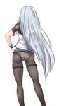  ass black_legwear contrapposto dress facing_away from_behind gloves hair_ribbon hand_on_hip headgear highres kantai_collection long_hair murakumo_(kantai_collection) panties panties_under_pantyhose pantyhose remodel_(kantai_collection) ribbon sailor_dress short_sleeves simple_background solo standing thighband_pantyhose underwear untsue very_long_hair white_background white_hair 