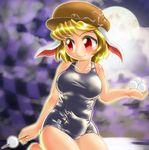 animal_ears blonde_hair blush breasts bunny_ears dango flat_cap floppy_ears food hat holding holding_food large_breasts moon one-piece_swimsuit red_eyes ringo_(touhou) school_swimsuit shiny shiny_clothes shiny_skin skewer smile solo swimsuit touhou wagashi winn 