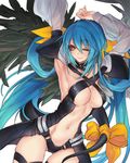  armpits blue_hair bow breasts cleavage dizzy guilty_gear large_breasts long_hair navel one_eye_closed oro_(sumakaita) red_eyes simple_background solo tail tail_bow thighs twintails underwear very_long_hair white_background wings 