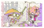  1girl anemo_(splatoon) boots brown_footwear bukichi_(splatoon) chair duplicate glasses goggles green_eyes headphones headphones_around_neck hood hoodie inoue_seita jpeg_artifacts kumano_(splatoon) official_art pink_hair rag red_scarf scarf screwdriver short_hair sitting splatoon_(series) splatoon_1 wiping 