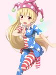  american_flag_dress american_flag_legwear blonde_hair clownpiece fairy_wings hat highres jester_cap long_hair looking_at_viewer nedia_(nedia_region) open_mouth pantyhose red_eyes smile solo touhou v very_long_hair wings 