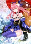  animal_ears bare_shoulders blue_legwear bow breasts cleavage detached_sleeves fate/extra fate_(series) fox_ears fox_tail hair_bow hair_ribbon japanese_clothes long_hair looking_at_viewer medium_breasts pink_hair ribbon sitting solo tail tamamo_(fate)_(all) tamamo_no_mae_(fate) thighhighs twintails water yellow_eyes yuzushiro 