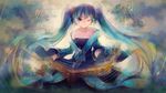  ;) aqua_hair bare_shoulders blue_eyes blue_hair breasts cleavage collarbone dress etwahl glowing gradient_hair hair_ornament highres instrument jewelry large_breasts league_of_legends long_hair looking_at_viewer lyiet multicolored_hair music off-shoulder_dress off_shoulder one_eye_closed playing_instrument smile solo sona_buvelle sound_effects sound_wave treble_clef twintails upper_body very_long_hair 