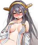  areolae black_hair blush bottomless breasts brown_eyes covered_nipples detached_sleeves haruna_(kantai_collection) highres kantai_collection long_hair medium_breasts naz nipples no_bra out-of-frame_censoring solo 