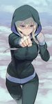  bandages bandaid bandaid_on_nose blonde_hair blue_eyes breasts exercise highres hood hoodie large_breasts long_hair motion_blur original pants punching solo sweatpants training washi_no_tosaka 