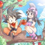  1girl apple bakusou_k bangs black_eyes black_hair blue_sky boots breasts cape character_name chi-chi_(dragon_ball) cleavage cloud dated day dougi dragon_ball dragon_ball_(classic) eating food fruit gloves helmet indian_style monkey_tail open_mouth pink_footwear pink_gloves shoulder_pads sitting sky small_breasts smile son_gokuu tail tree 