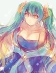  ;) aqua_hair bare_shoulders blue_dress blue_eyes blue_hair breasts cleavage detached_sleeves dress etwahl glowing gradient_hair hair_ornament highres instrument jewelry large_breasts league_of_legends long_hair looking_at_viewer looking_up lyiet multicolored_hair off-shoulder_dress off_shoulder one_eye_closed simple_background smile solo sona_buvelle sound_effects sound_wave treble_clef twintails very_long_hair watermark web_address white_background 