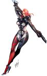  blue_eyes bodysuit breasts cyborg dark_skin dataglitch full_body glaive hair_over_one_eye highres lips long_hair medium_breasts metal_gear_(series) metal_gear_rising:_revengeance mistral_(metal_gear_rising) multiple_arms pink_hair solo white_background 