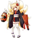  animal_ears bell blonde_hair chouchin_obake closed_umbrella flower fox_ears fox_tail full_body hair_bell hair_flower hair_ornament inari_(sennen_sensou_aigis) issairaku japanese_clothes karakasa_obake kimono lantern multiple_tails official_art oriental_umbrella paper_lantern red_eyes ribbon-trimmed_legwear ribbon_trim sash sennen_sensou_aigis short_hair smile solo tail thighhighs transparent_background umbrella youkai 